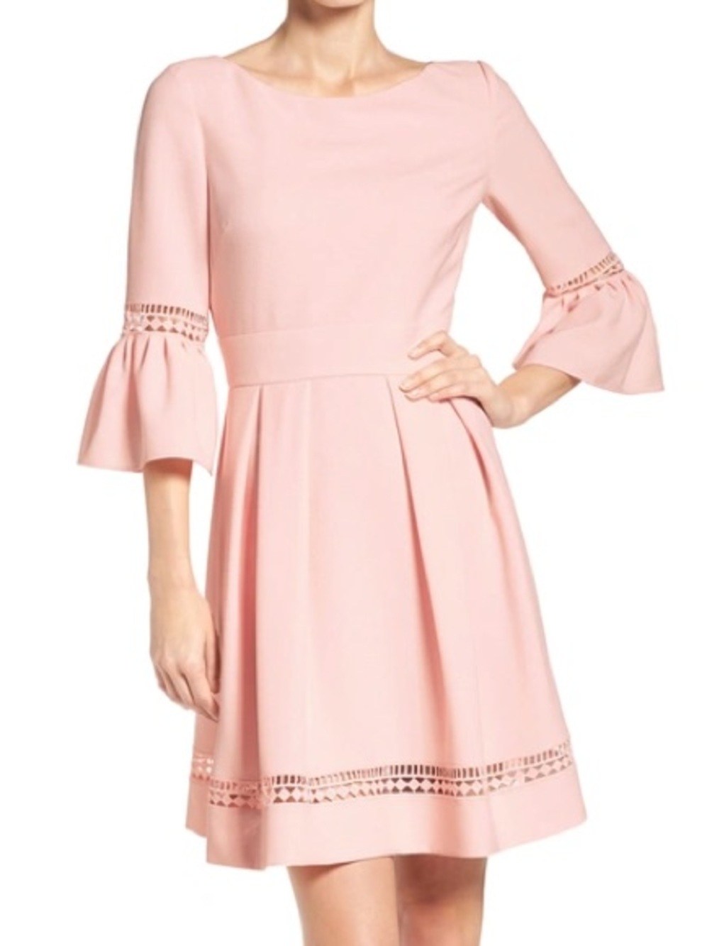 Eliza J Pink Bell sleeve eyelet cut out fit & flare blush pink dress